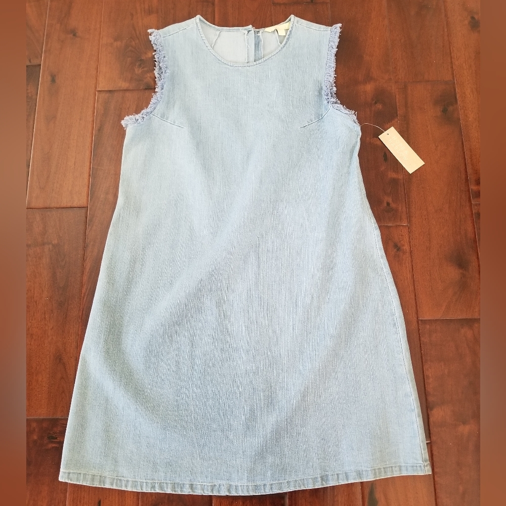 HOPE & HARLOW Frayed Denim Sleeveless Dress, Light Blue - Size 10 NWT